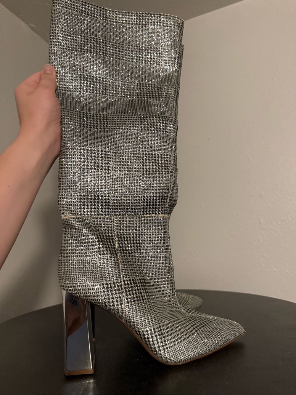 Gianni Bini Metallic Silver Plaid Knee-High Block Heel Boots